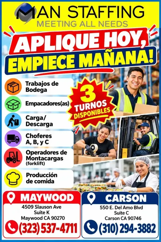 📌APLIQUE HOY, EMPIECE MAÑANA! ⏰3 Turnos Disponibles📍Maywood  📍Carson