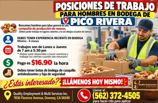 POSICIONES DE TRABAJO PARA HOMBRES EN BODEGA DE PICO RIVERA