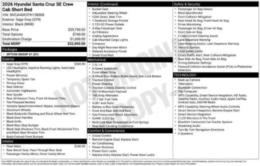 Hyundai SANTA CRUZ 2026 SE 4dr Crew Cab 4.3ft SB