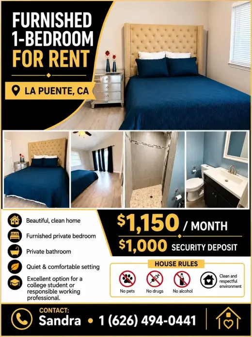 FURNISHED PRIVATE BEDROOM FOR RENT – LA PUENTE, CA