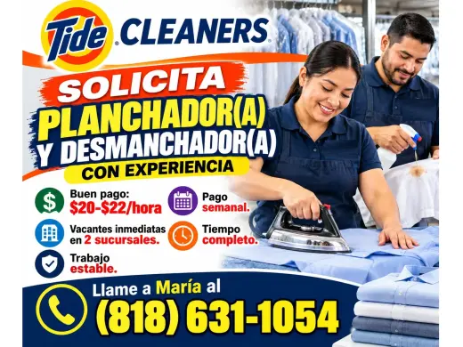 TIDE CLEANERS SOLICITA PLANCHADOR(A) Y DESMANCHADOR(A)