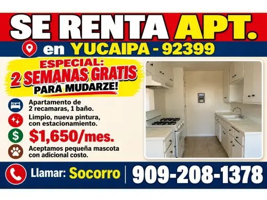 SE RENTA APARTAMENTO DE 2 RECÁMARAS en 📍YUCAIPA-92399