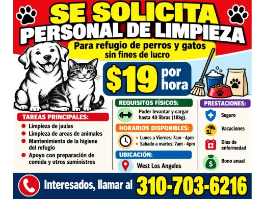 SE SOLICITA PERSONAL DE LIMPIEZA  Para refugio de perros y gatos