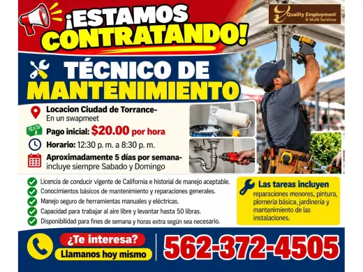 📢 ¡ESTAMOS CONTRATANDO! 🔧 TÉCNICO DE MANTENIMIENTO