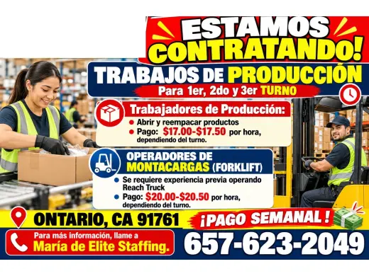 ESTAMOS CONTRATANDO! TRABAJOS DE PRODUCCIÓN 📍ONTARIO, CA
