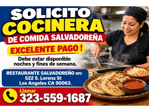 SOLICITO COCINERA  DE COMIDA SALVADOREÑA 📍Los Angeles
