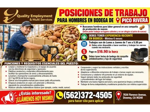 POSICIONES DE TRABAJO PARA HOMBRES EN BODEGA DE 📍PICO RIVERA