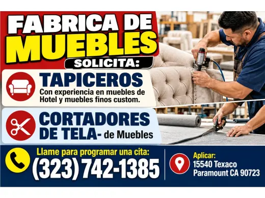 FABRICA DE MUEBLES📌SOLICITA TAPICEROS Y CORTADORES DE TELA