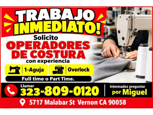SOLICITO OPERADORES DE COSTURA 📌1-Aguja, 📌Overlock.