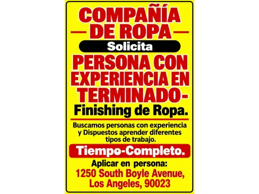 COMPAÑÍA DE ROPA- 📌Solicita PERSONA CON EXPERIENCIA EN TERMINADO
