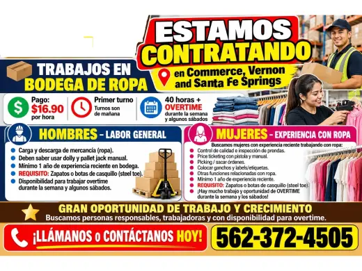 ESTAMOS CONTRATANDO En 📍Commerce, 📍Vernon and 📍Santa Fe Springs