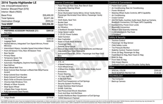 Toyota Highlander 2016 LE 4dr SUV (2.7L I4)