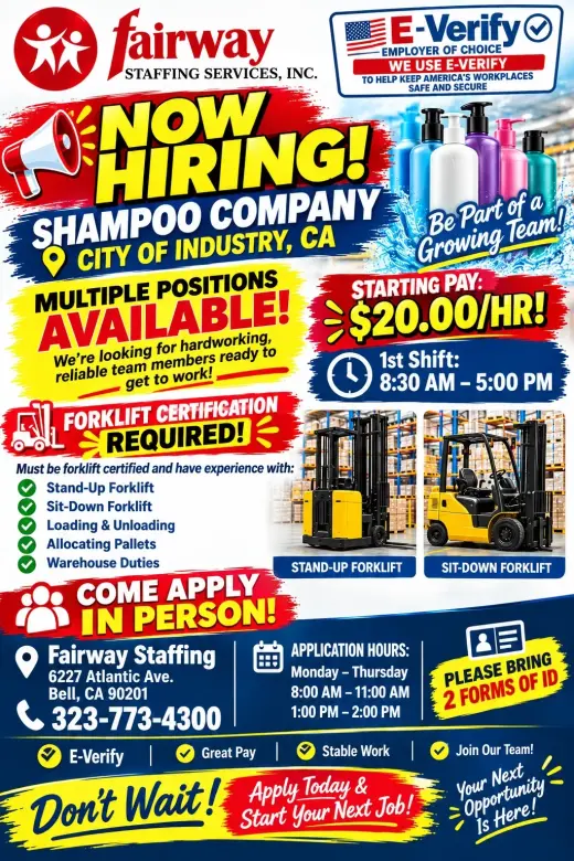 Now Hiring Forklift driver in the City of Industry