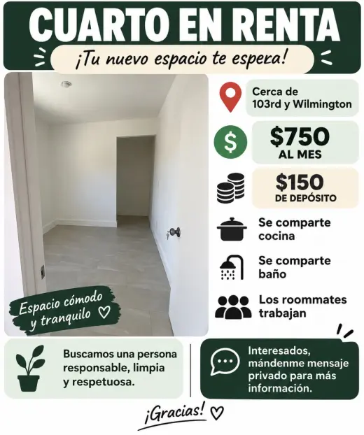 Cuarto en Renta Cerca de 103rd y Wilmington