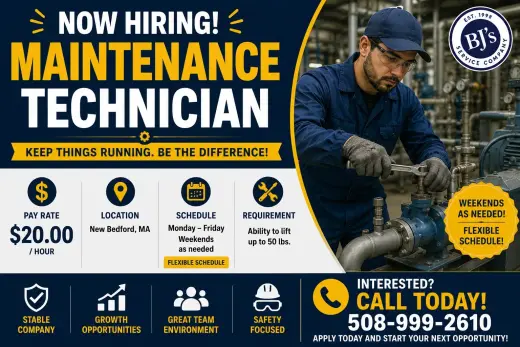 Maintenance Technician – $20/hr – New Bedford, MA