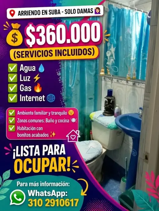 Arriendo todo incluido $360.000 solo damas