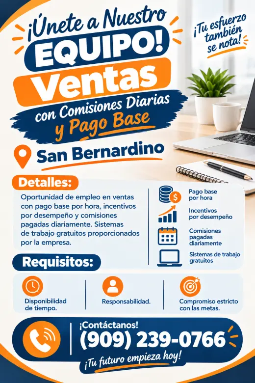 Ventas con Comisiones Diarias y Pago Base – San Bernardino