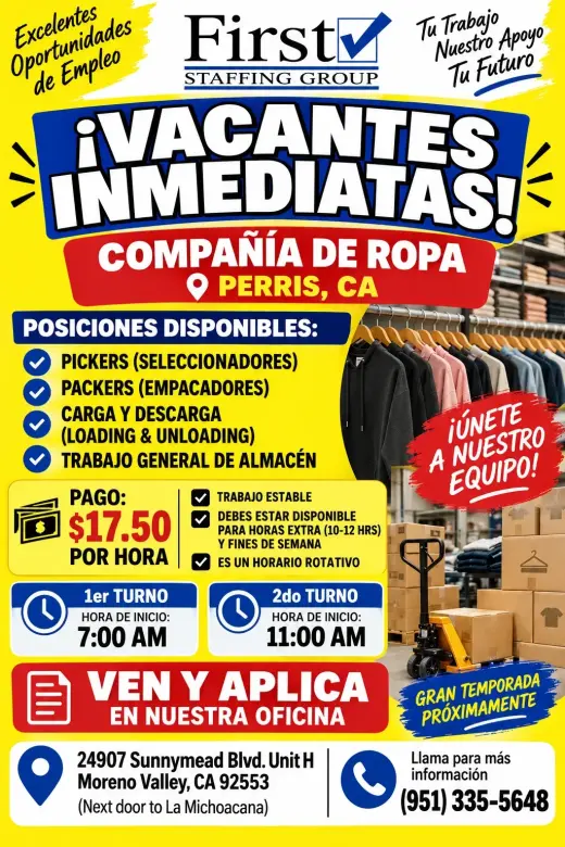 Vacantes Inmediatas en First Staffing Group