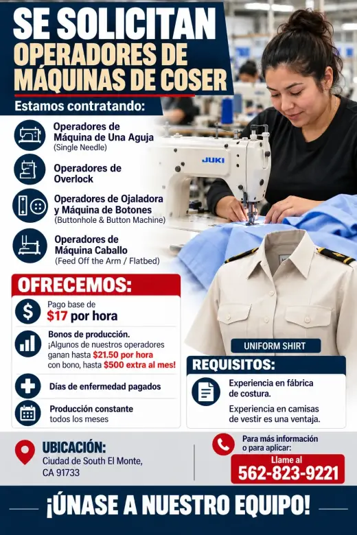 Se Solicitan Operadores de Máquinas de Coser