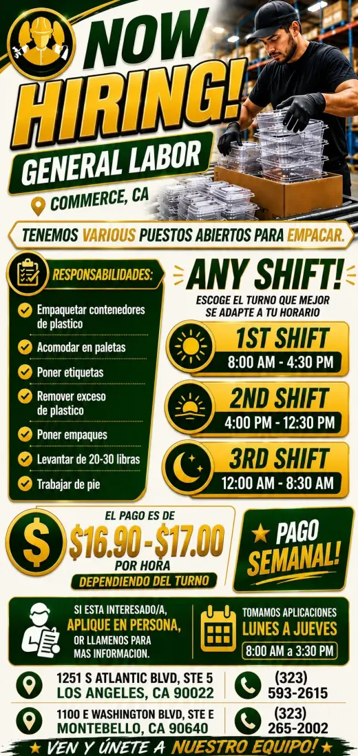 Empaque de plastico - 3 Turnos: Dia, Noche, y Tarde. - Commerce, CA