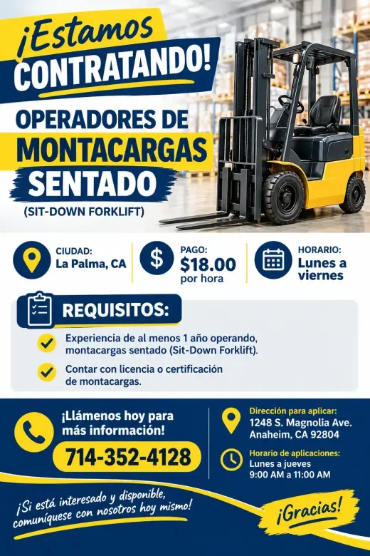 🚜 ¡ESTAMOS CONTRATANDO OPERADORES DE MONTACARGAS SENTADO!