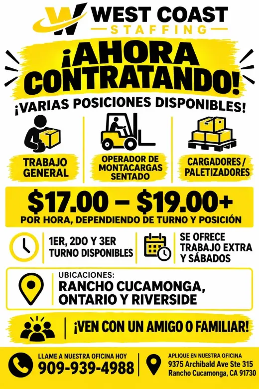 Multiple Warehouse Positions Available! Varias Vacantes Disponibles en Almacén!