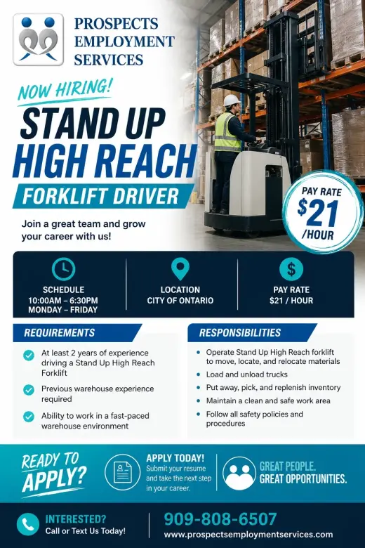 NOW HIRING STAND UP HIGH REACH FORKLIFT DRIVER