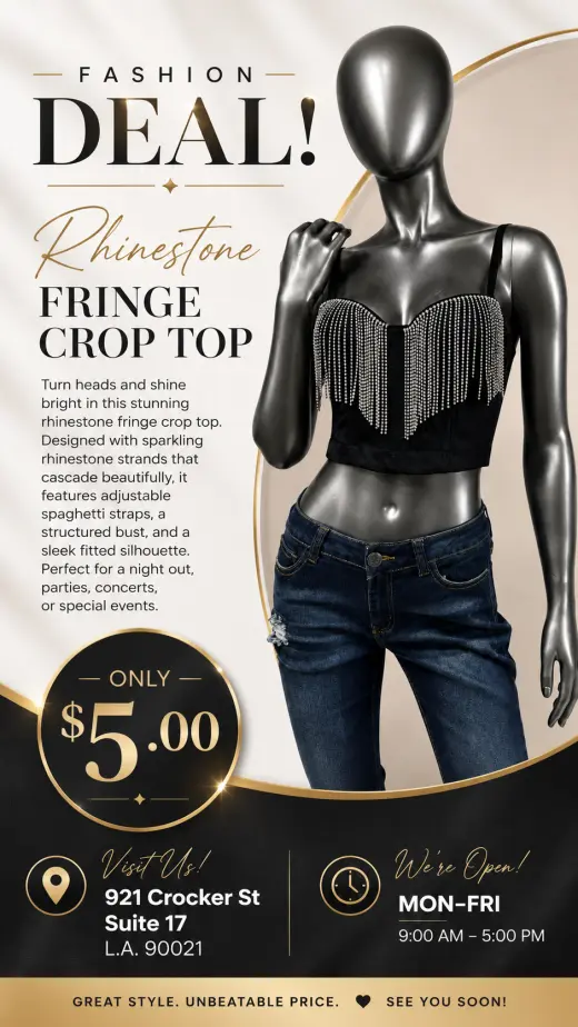 Top corto con flecos de pedrería (rhinestones) — ¡Oferta de moda!