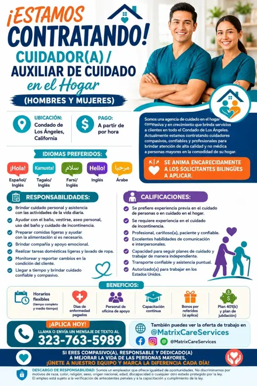 ¡ESTAMOS CONTRATANDO CUIDADORES/AS — $19 POR HORA!