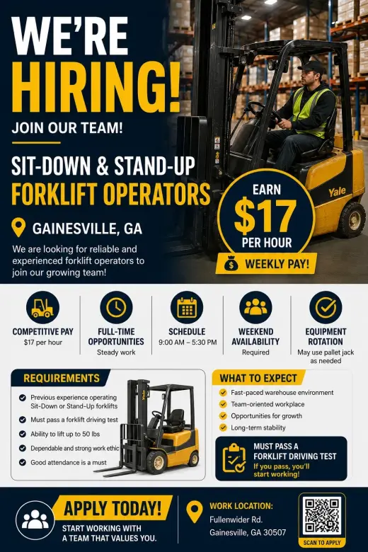 Reach & Sit-Down Forklift Operators – $17/hour.