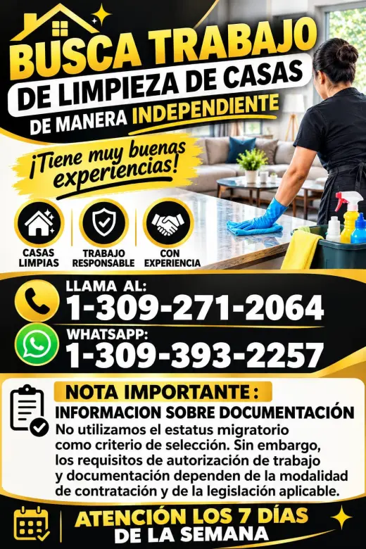 UNA OFERTA DE EMPLEO DE LIMPIEZA DE CASAS PARA PERSONAS DISPONIBLES