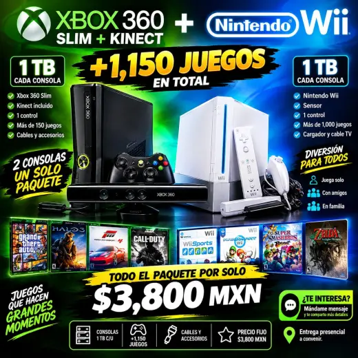 Xbox 360 slim mas kinect y nintendo Wii