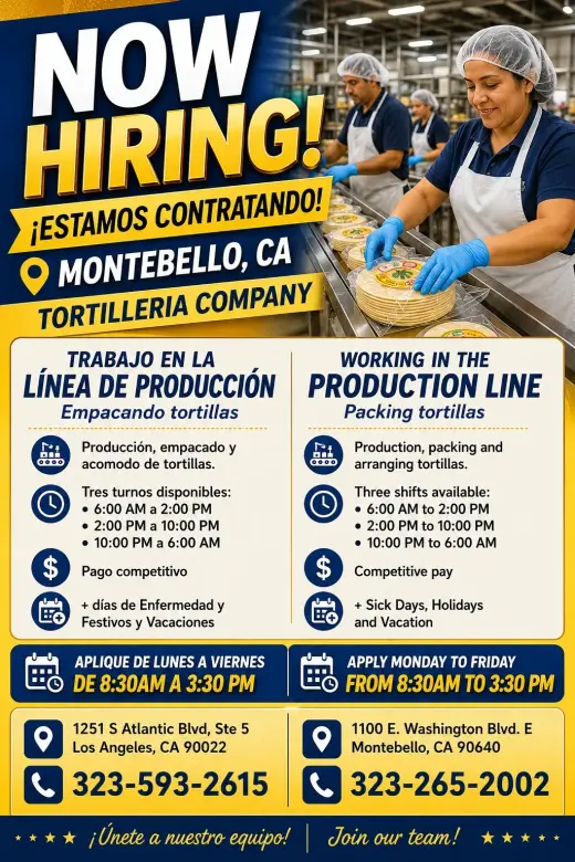 Oportunidad de Empleo en Compañía de Tortillas en Montebello, CA