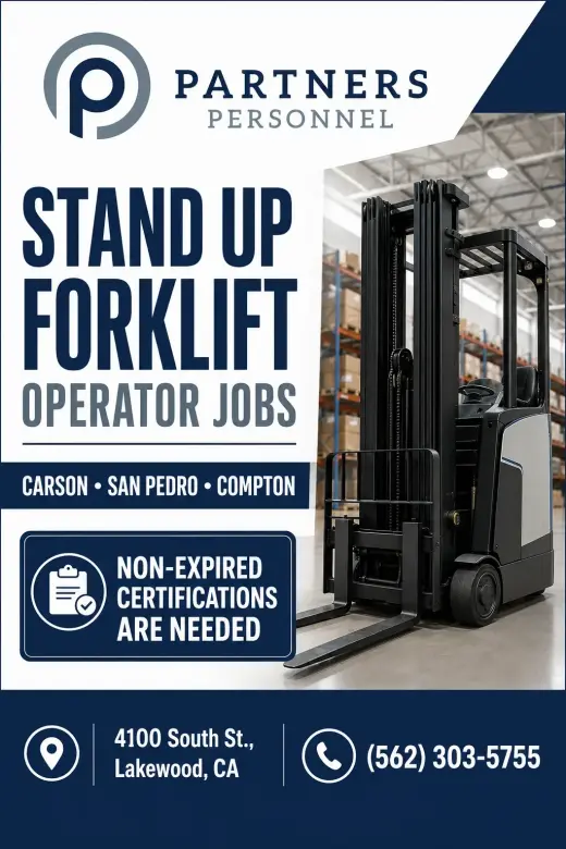 Experienced and Certified Forklift Operators needed. Stand-Up and Sit-Down.