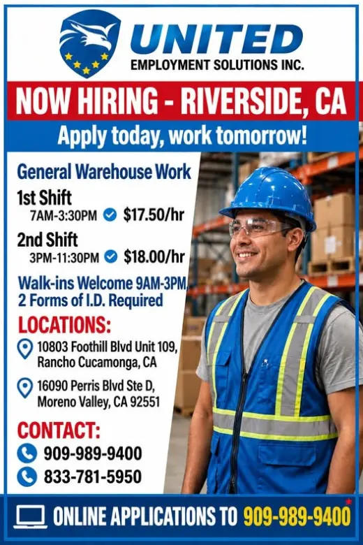 Se Busca: Trabajadores de Almacén en Riverside, CA