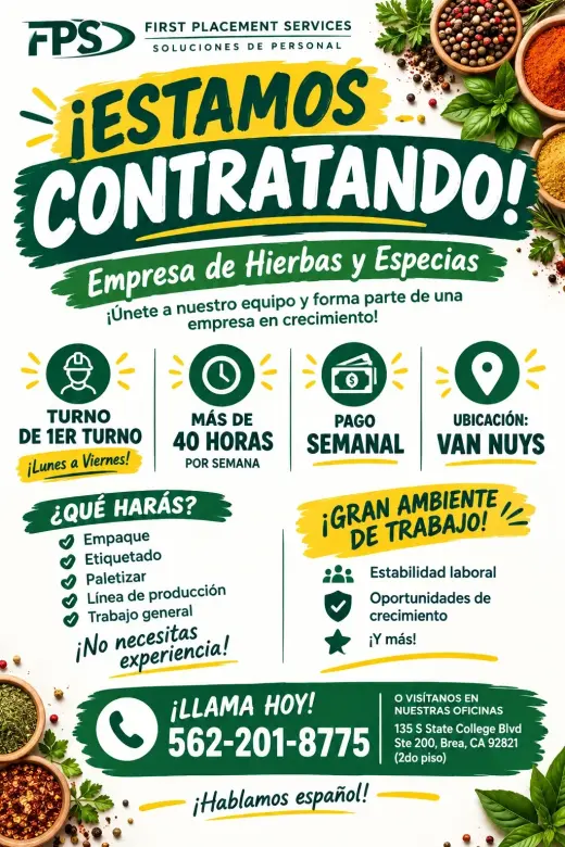 Trabajo disponible en la cuidad de Van Nuys!!