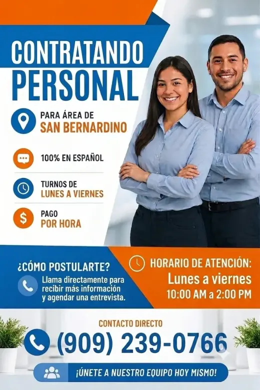 Contratando Personal en San Bernardino – Horarios Disponibles de Lunes a Viernes
