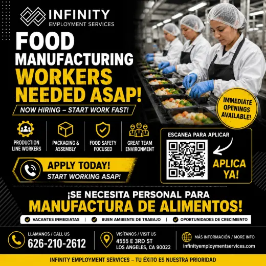 FOOD MANUFACTURING JOBS / TRABAJOS EN MANUFACTURA DE ALIMENTOS