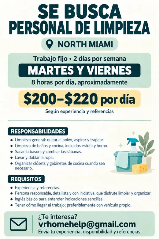 Limpieza de casa en North Miami — martes y viernes, $200–$220 por día