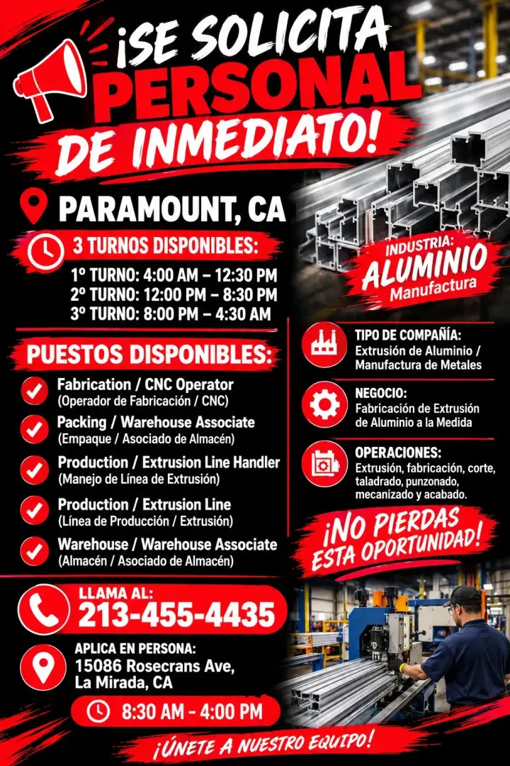 ¡Se Solicita Personal de Inmediato en Manufactura de Aluminio!