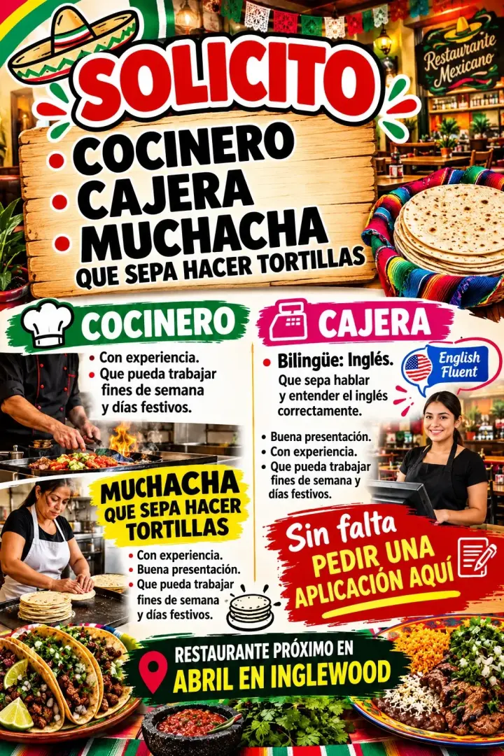 SE SOLICITA COCINEROS, CAJERAS BILINGÜES Y TORTILLERAS