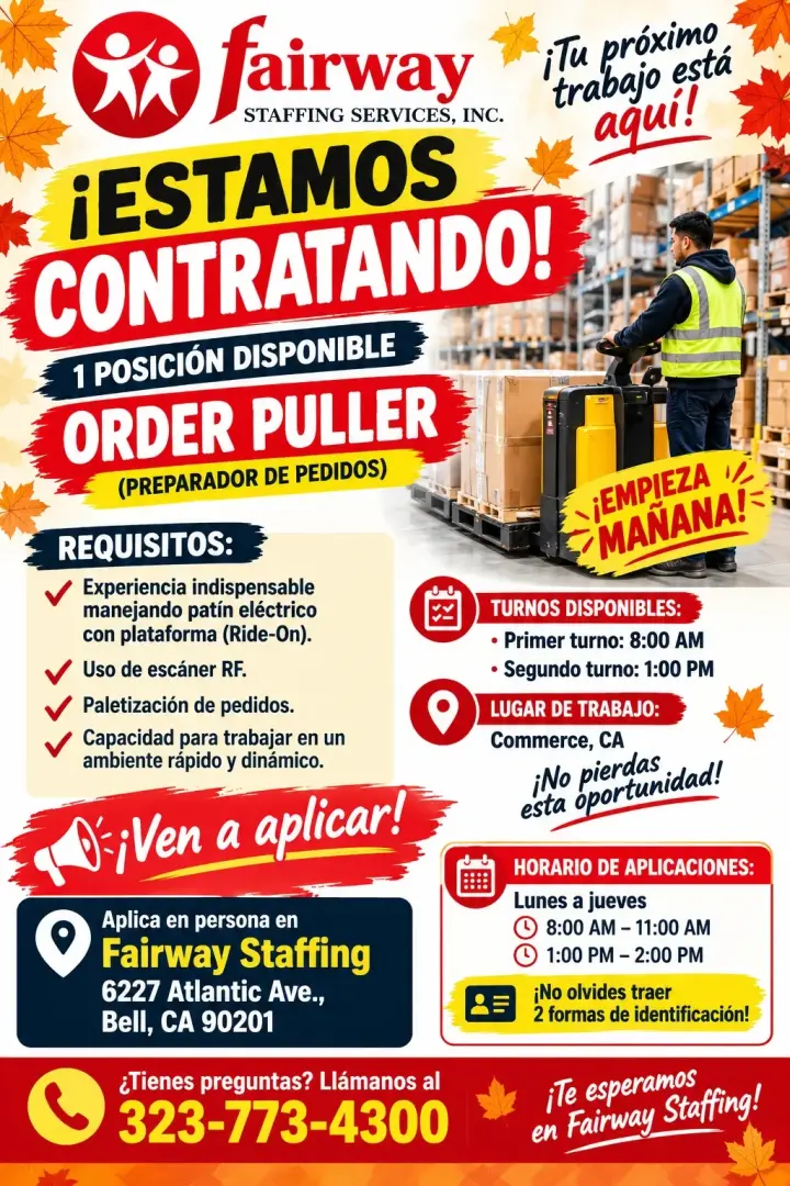 Estamos conntractando Order Pullers Pulidores en Commerce