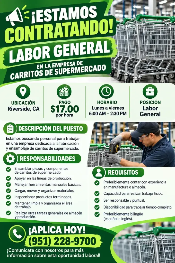 📢 ¡ESTAMOS CONTRATANDO! – LABOR GENERAL - (951) 228-9700