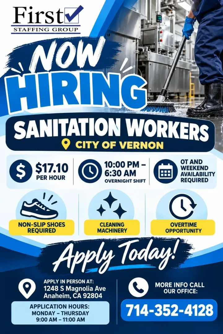 🚨 NOW HIRING: SANITATION WORKERS! 🚨📍 Location: Vernon, CA