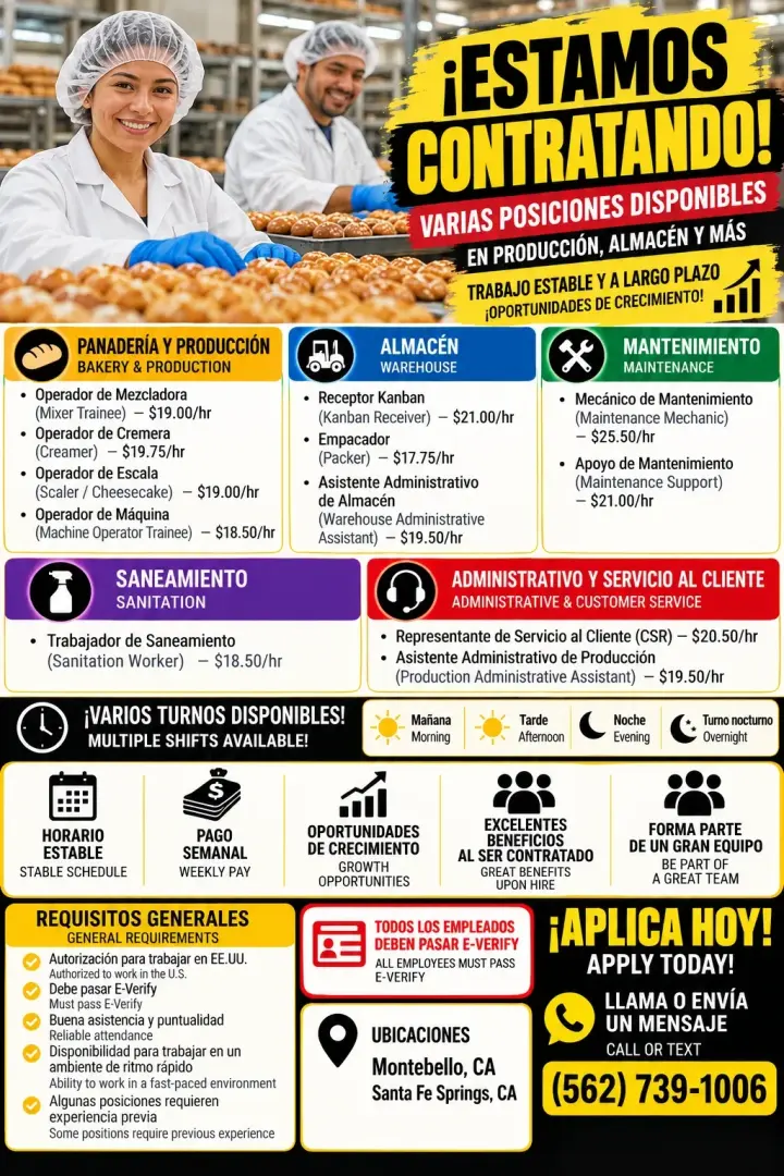 ¡TRABAJO EN FÁBRICA Y ALMACÉN! – $17.75 a $25.50/Hr