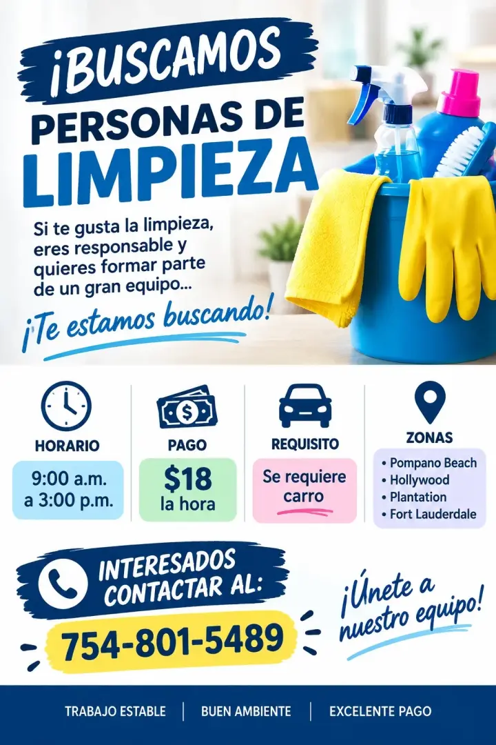 Personal de Limpieza de 9am a 3pm