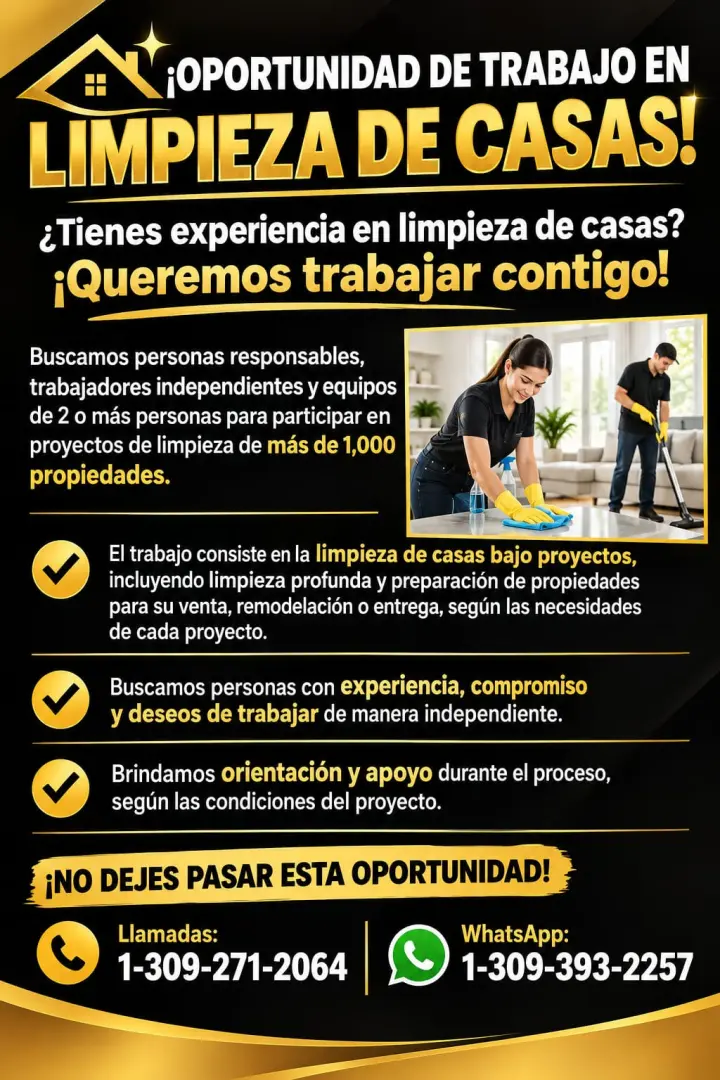 OFERTA DE TRABAJO PARA PERSONAS CON EXPERIENCIA EN LIMPIEZA DE CASAS
