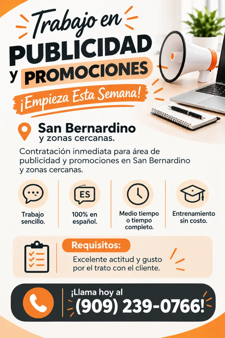 Trabajo en Publicidad y Promociones  ¡Empieza Esta Semana!