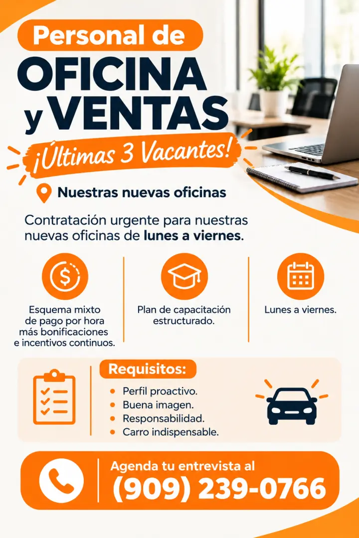 Personal de Oficina y Ventas (Últimas 3 Vacantes)