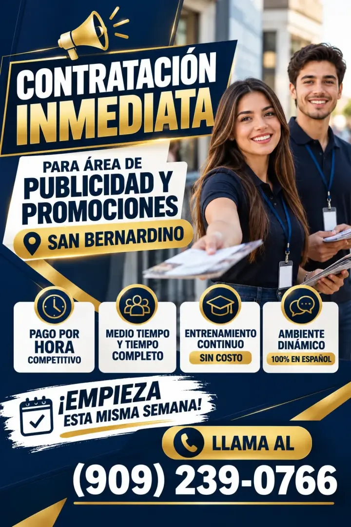 Contratación inmediata para área de publicidad y promociones – San Bernardino